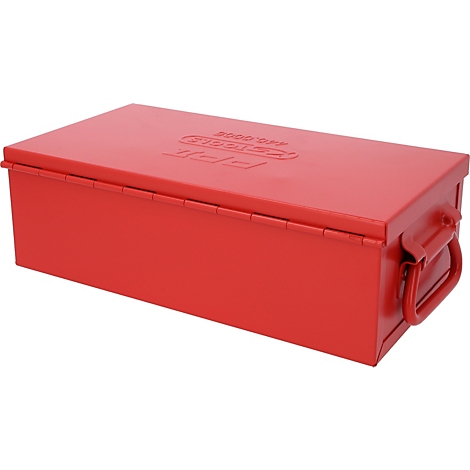 Rote Werkzeugkiste mit Tragegriff. Auf dem Deckel steht ein Schriftzug.